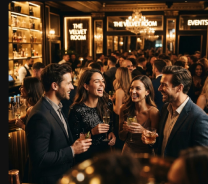 Guests gathered in a lounge beneath The Velvet Room and Events signs