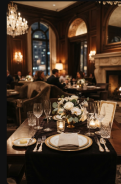 A formally set dining room with a chandelier and white florals